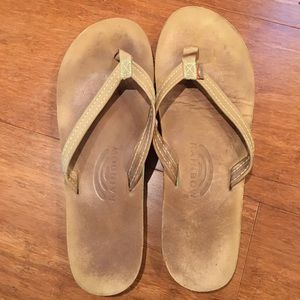 Rainbow Tan and Lime Green Leather Flip Flops